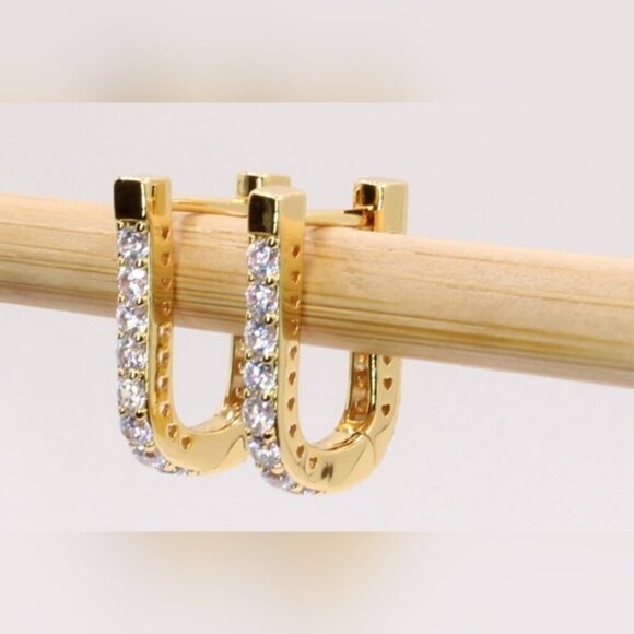 14K Gold Plated Fashion Rectangular Huggies Earrings - Picture 1 of 8